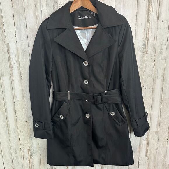 Calvin Klein Rain Trench Coat XS Black Hooded Water Wind Resistant Preppy EUC - Picture 1 of 13